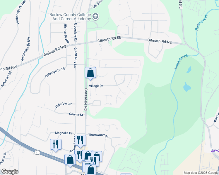 map of restaurants, bars, coffee shops, grocery stores, and more near 30 Village Drive in Cartersville