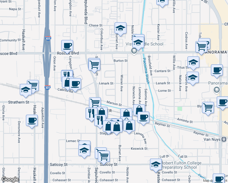map of restaurants, bars, coffee shops, grocery stores, and more near 15202 Lorne Street in Los Angeles