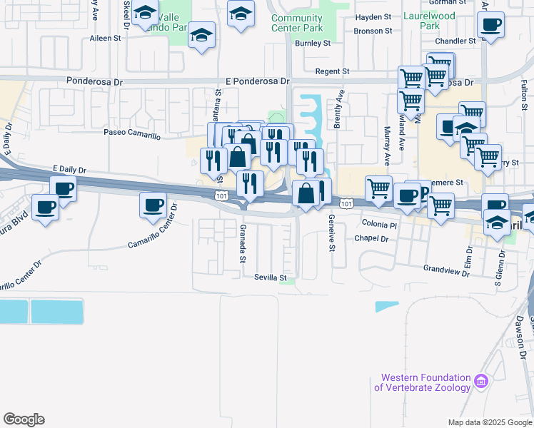 map of restaurants, bars, coffee shops, grocery stores, and more near 1407 Ventura Boulevard in Camarillo