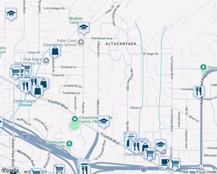 map of restaurants, bars, coffee shops, grocery stores, and more near 1705 Lila Lane in La Cañada Flintridge