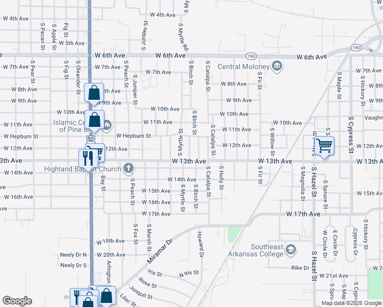 map of restaurants, bars, coffee shops, grocery stores, and more near 3107 West 13th Avenue in Pine Bluff