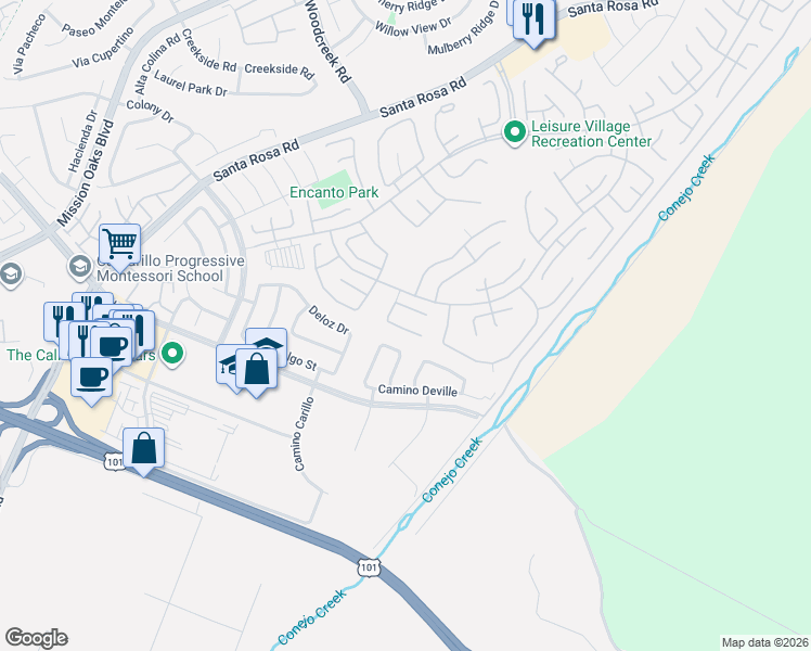 map of restaurants, bars, coffee shops, grocery stores, and more near 5419 Camino Compadre in Camarillo