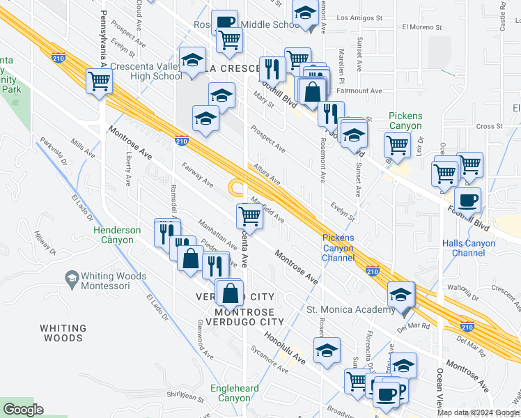 map of restaurants, bars, coffee shops, grocery stores, and more near 2742 Mayfield Avenue in La Crescenta-Montrose