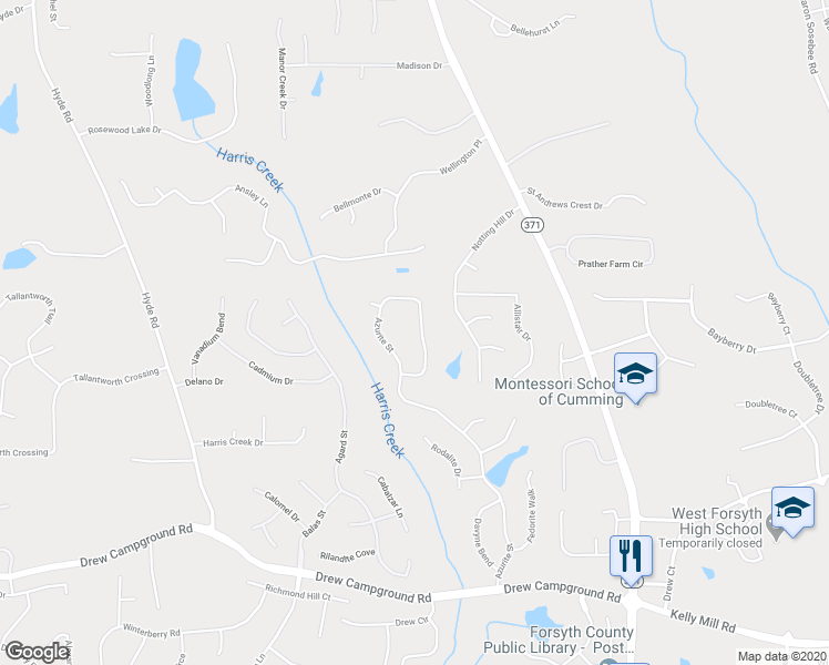 map of restaurants, bars, coffee shops, grocery stores, and more near 4450 Azurite Street in Cumming