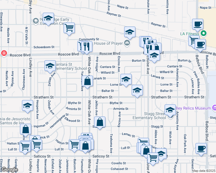 map of restaurants, bars, coffee shops, grocery stores, and more near 17544 Lorne Street in Los Angeles