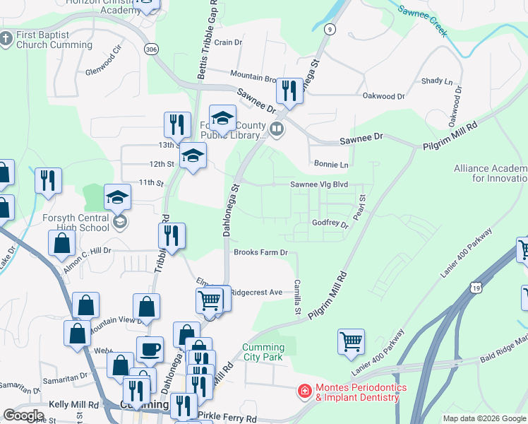 map of restaurants, bars, coffee shops, grocery stores, and more near 549 Dahlonega Street in Cumming