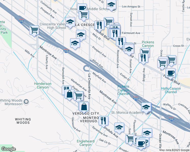 map of restaurants, bars, coffee shops, grocery stores, and more near 2742 Mayfield Avenue in La Crescenta-Montrose
