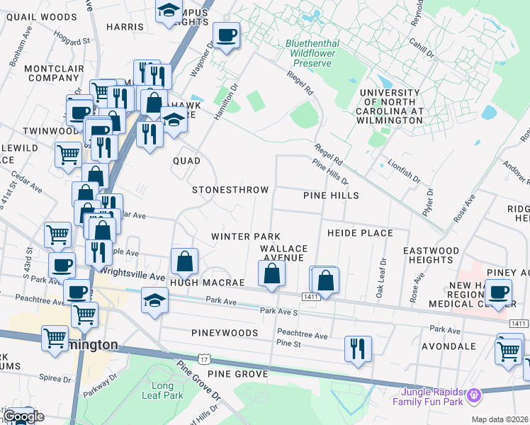 map of restaurants, bars, coffee shops, grocery stores, and more near 241 North Wallace Avenue in Wilmington