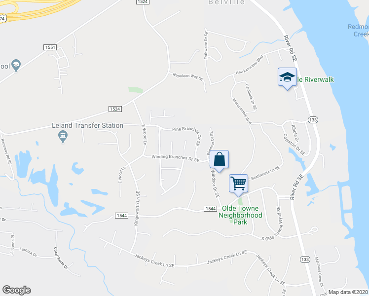 map of restaurants, bars, coffee shops, grocery stores, and more near Hickory Branches Close in Belville