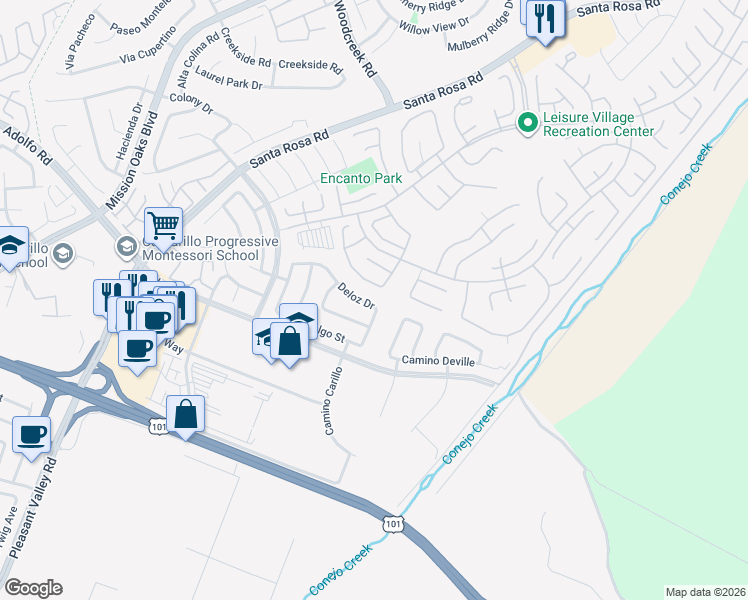 map of restaurants, bars, coffee shops, grocery stores, and more near 5383 Felicia Street in Camarillo
