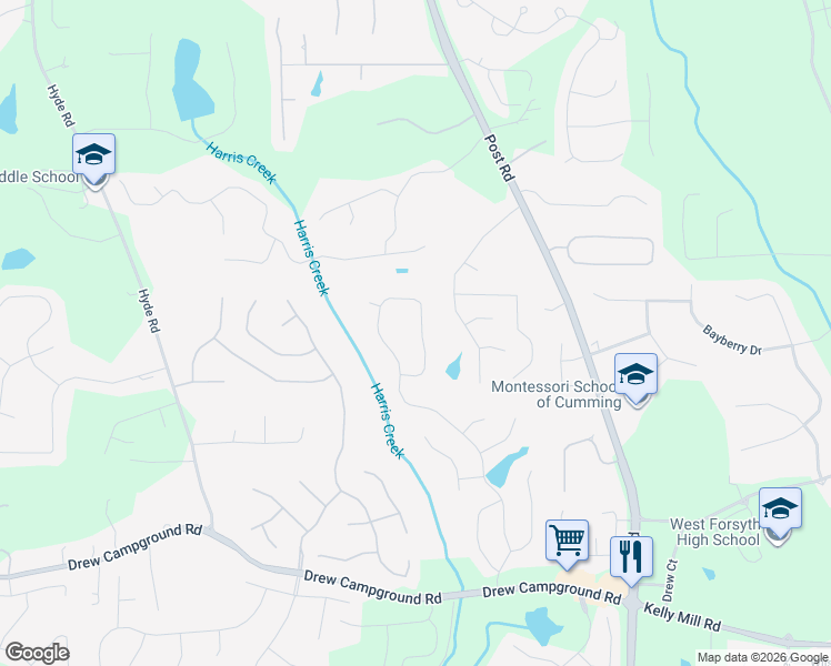 map of restaurants, bars, coffee shops, grocery stores, and more near 4450 Azurite Street in Cumming
