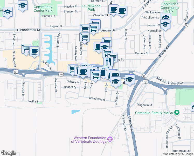 map of restaurants, bars, coffee shops, grocery stores, and more near in Camarillo
