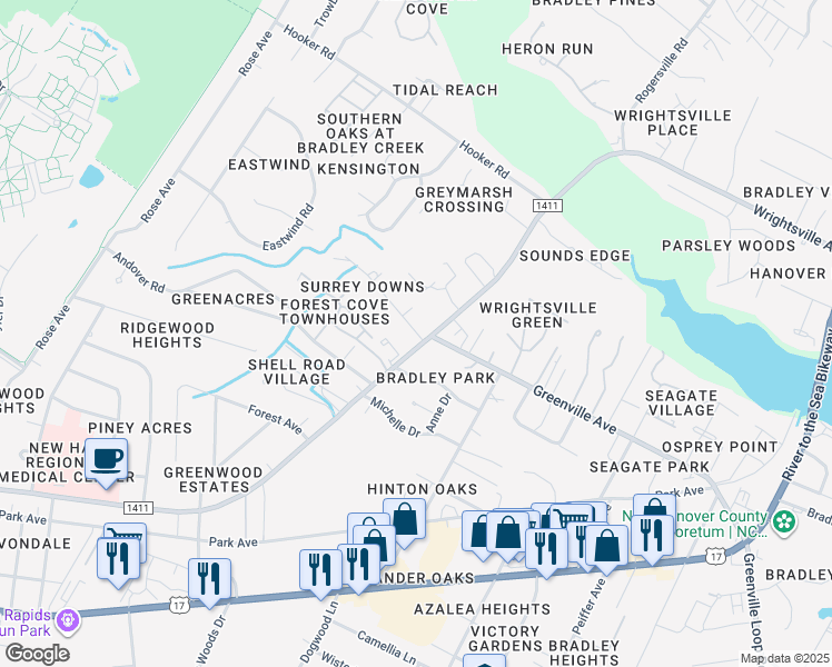 map of restaurants, bars, coffee shops, grocery stores, and more near 617 Surrey Downs Court in Wilmington