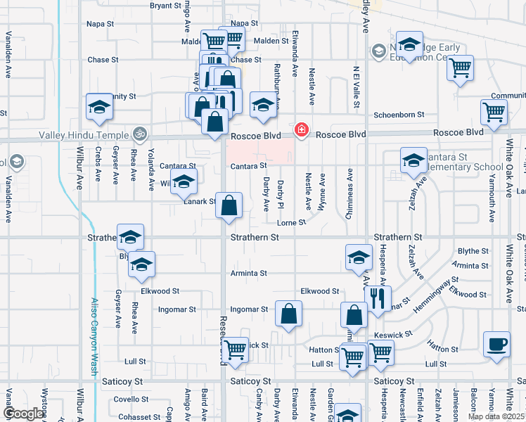 map of restaurants, bars, coffee shops, grocery stores, and more near 8025 Darby Place in Los Angeles