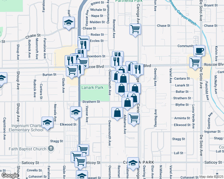 map of restaurants, bars, coffee shops, grocery stores, and more near 8030 Owensmouth Avenue in Los Angeles