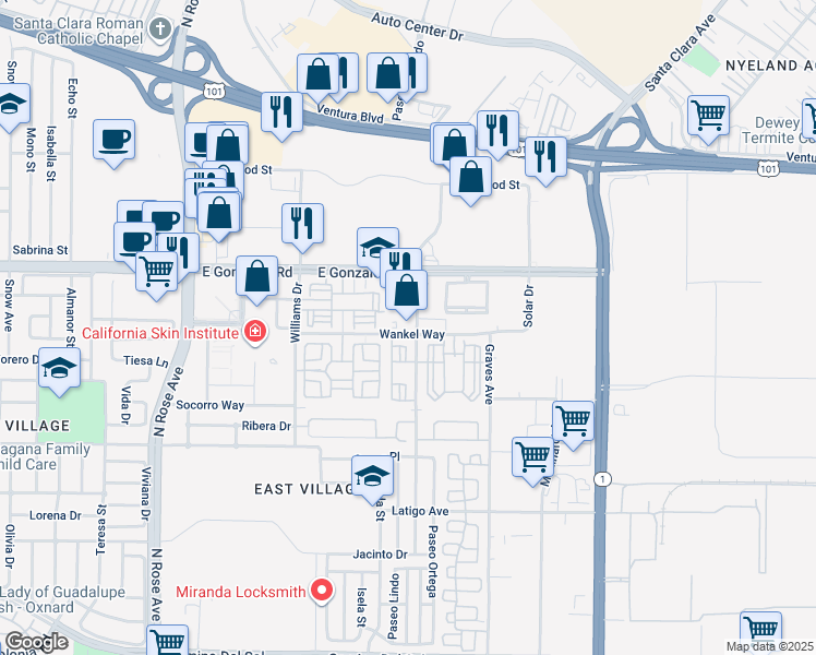 map of restaurants, bars, coffee shops, grocery stores, and more near 1520 North Lombard Street in Oxnard