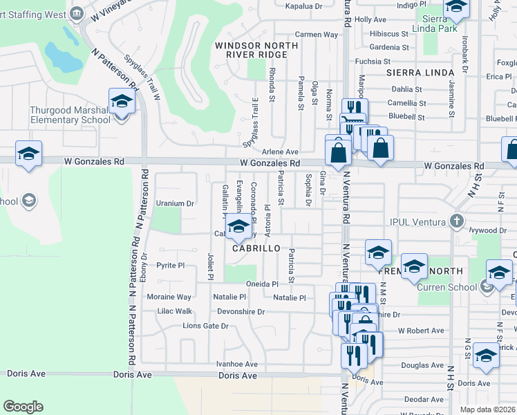 map of restaurants, bars, coffee shops, grocery stores, and more near 1541 Coronado Place in Oxnard