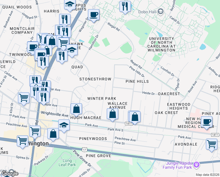 map of restaurants, bars, coffee shops, grocery stores, and more near 241 North Wallace Avenue in Wilmington
