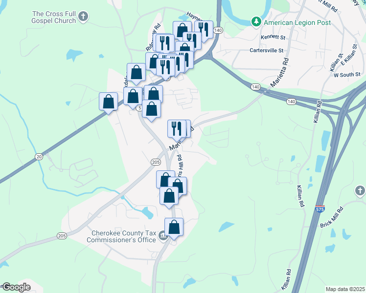 map of restaurants, bars, coffee shops, grocery stores, and more near 1028 Marietta Road in Canton