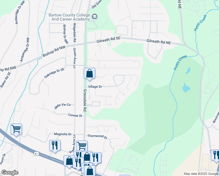 map of restaurants, bars, coffee shops, grocery stores, and more near 30 Village Drive in Cartersville