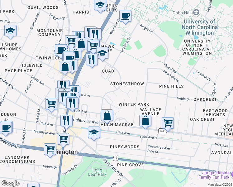 map of restaurants, bars, coffee shops, grocery stores, and more near 4905 Tarheel Court in Wilmington