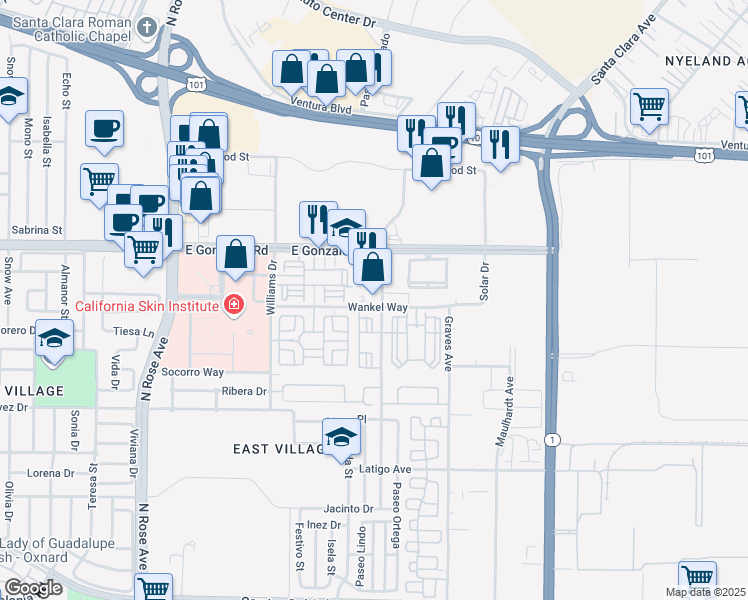 map of restaurants, bars, coffee shops, grocery stores, and more near 1701 Lombard Street in Oxnard