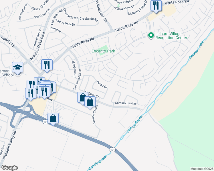 map of restaurants, bars, coffee shops, grocery stores, and more near 5383 Felicia Street in Camarillo