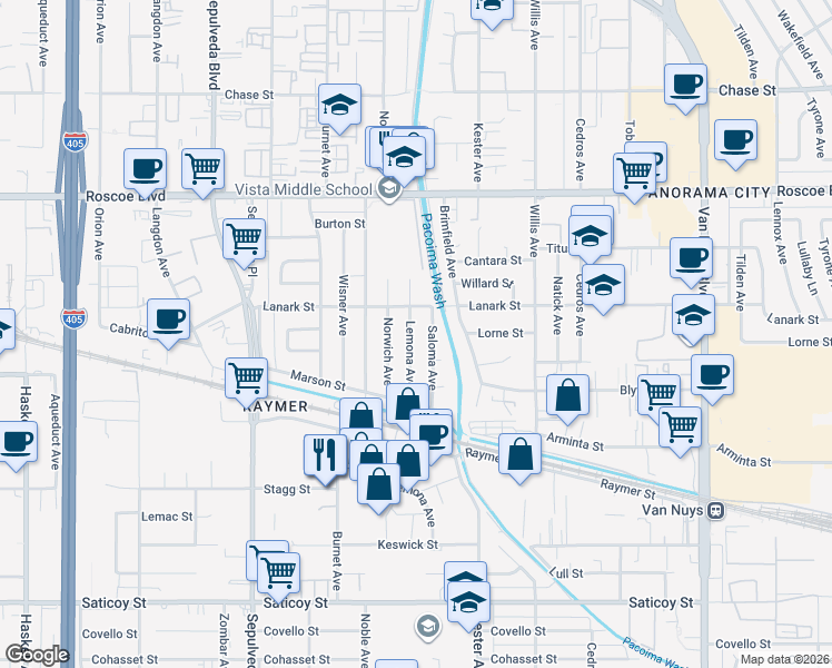 map of restaurants, bars, coffee shops, grocery stores, and more near 8011 Saloma Avenue in Los Angeles