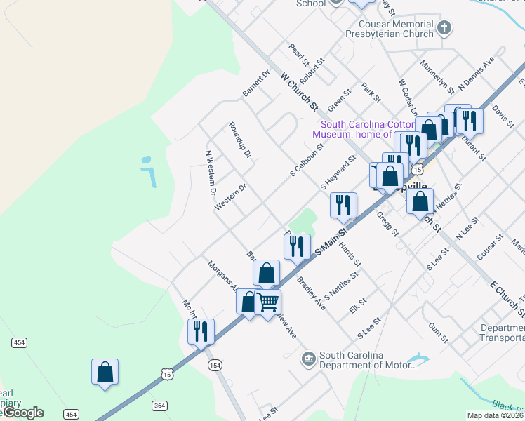 map of restaurants, bars, coffee shops, grocery stores, and more near 307 South Calhoun Street in Bishopville