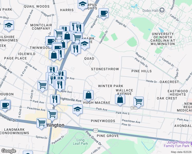map of restaurants, bars, coffee shops, grocery stores, and more near 4905 Tarheel Court in Wilmington