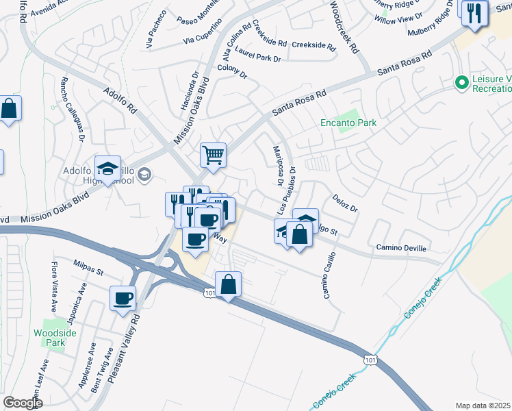 map of restaurants, bars, coffee shops, grocery stores, and more near 125 Via Cristal in Camarillo