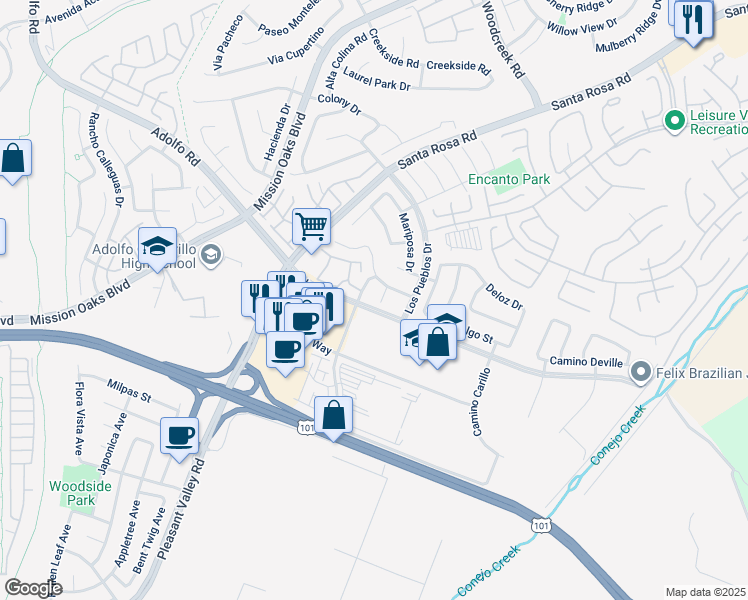 map of restaurants, bars, coffee shops, grocery stores, and more near 125 Via Cristal in Camarillo