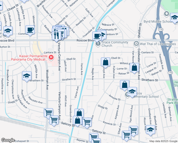 map of restaurants, bars, coffee shops, grocery stores, and more near 13315 Ratner Street in Los Angeles