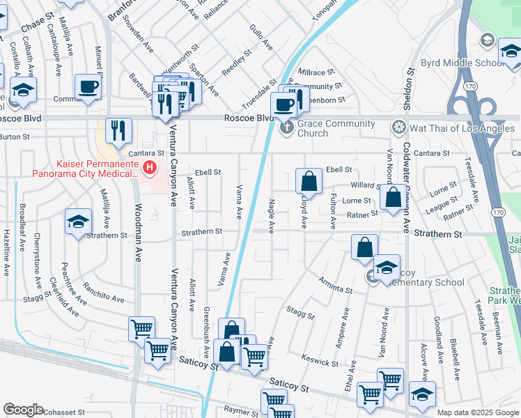 map of restaurants, bars, coffee shops, grocery stores, and more near 13315 Ratner Street in Los Angeles