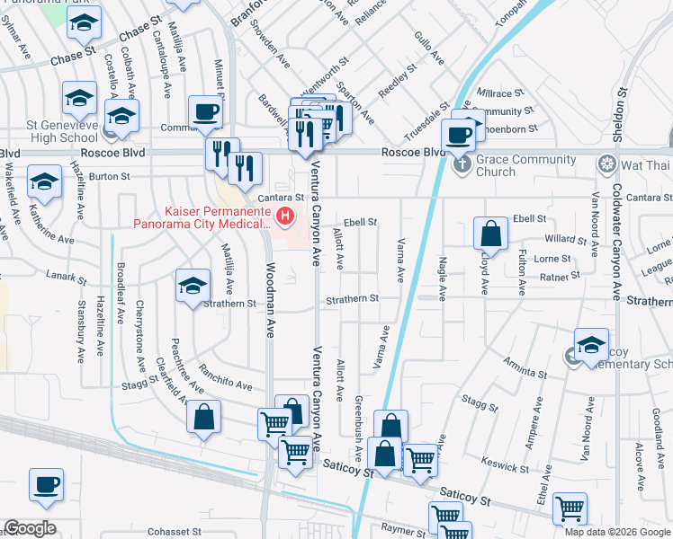 map of restaurants, bars, coffee shops, grocery stores, and more near 8039 Allott Avenue in Los Angeles
