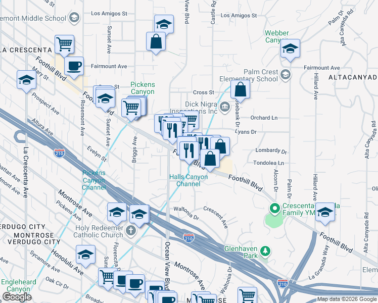map of restaurants, bars, coffee shops, grocery stores, and more near 2207 Foothill Boulevard in La Cañada Flintridge