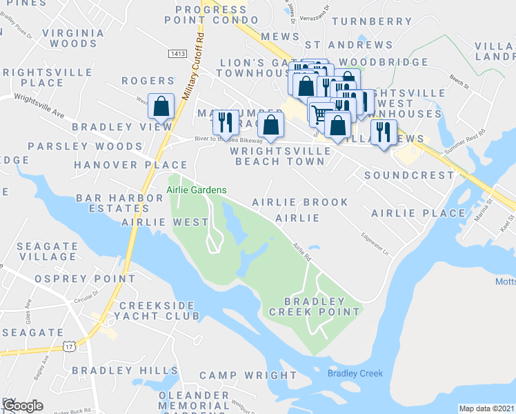 map of restaurants, bars, coffee shops, grocery stores, and more near 521 Airlie Road in Wilmington