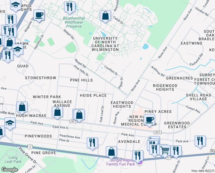 map of restaurants, bars, coffee shops, grocery stores, and more near 228 Oak Leaf Drive in Wilmington