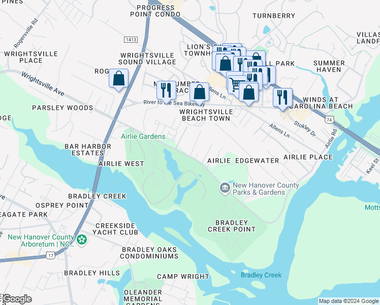 map of restaurants, bars, coffee shops, grocery stores, and more near 521 Airlie Road in Wilmington
