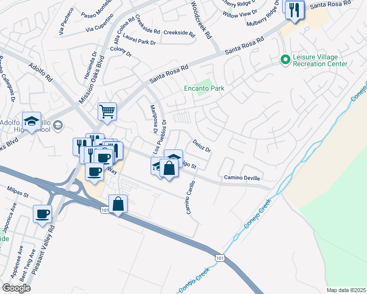 map of restaurants, bars, coffee shops, grocery stores, and more near 2 Camarillo Street in Camarillo
