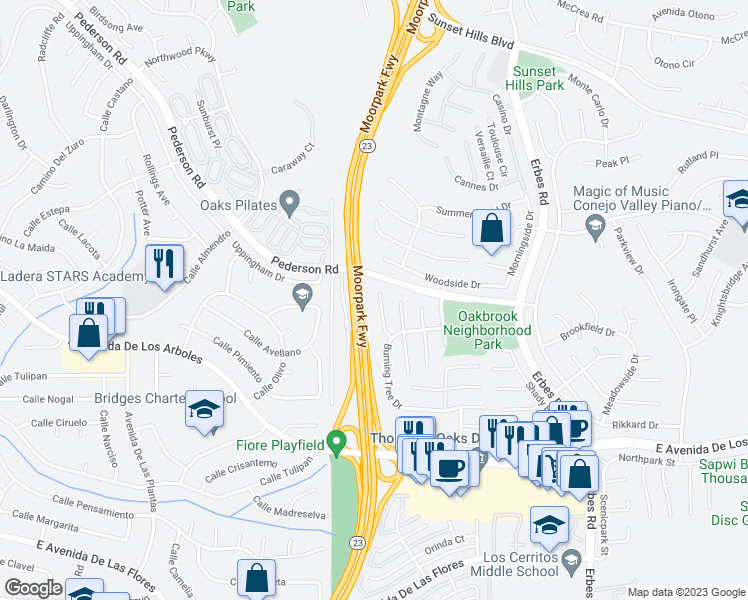 map of restaurants, bars, coffee shops, grocery stores, and more near 2821 Shelter Wood Court in Thousand Oaks