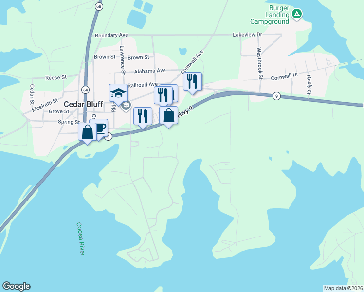 map of restaurants, bars, coffee shops, grocery stores, and more near 3890 Hidden Cove Road in Cedar Bluff