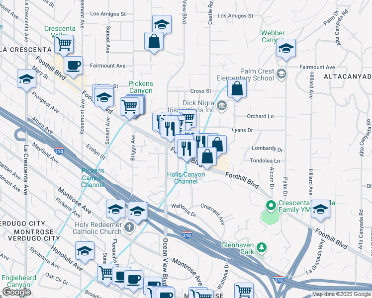 map of restaurants, bars, coffee shops, grocery stores, and more near 2207 Foothill Boulevard in La Cañada Flintridge
