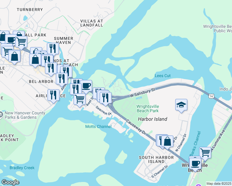 map of restaurants, bars, coffee shops, grocery stores, and more near 102 Driftwood Court in Wrightsville Beach
