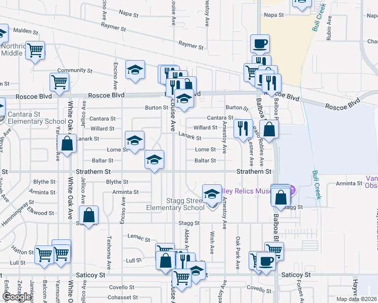 map of restaurants, bars, coffee shops, grocery stores, and more near 8050 Aldea Avenue in Los Angeles