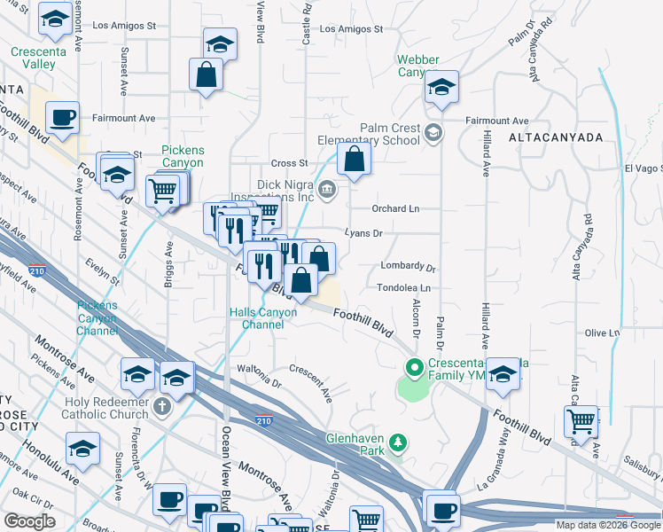 map of restaurants, bars, coffee shops, grocery stores, and more near 2101 Tondolea Lane in La Cañada Flintridge