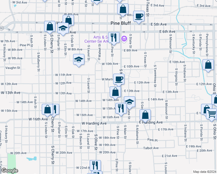 map of restaurants, bars, coffee shops, grocery stores, and more near 299 West 12th Avenue in Pine Bluff