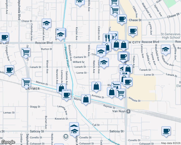map of restaurants, bars, coffee shops, grocery stores, and more near 8036 Willis Avenue in Los Angeles