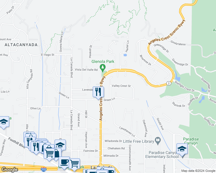 map of restaurants, bars, coffee shops, grocery stores, and more near 5147 Princess Anne Road in La Cañada Flintridge