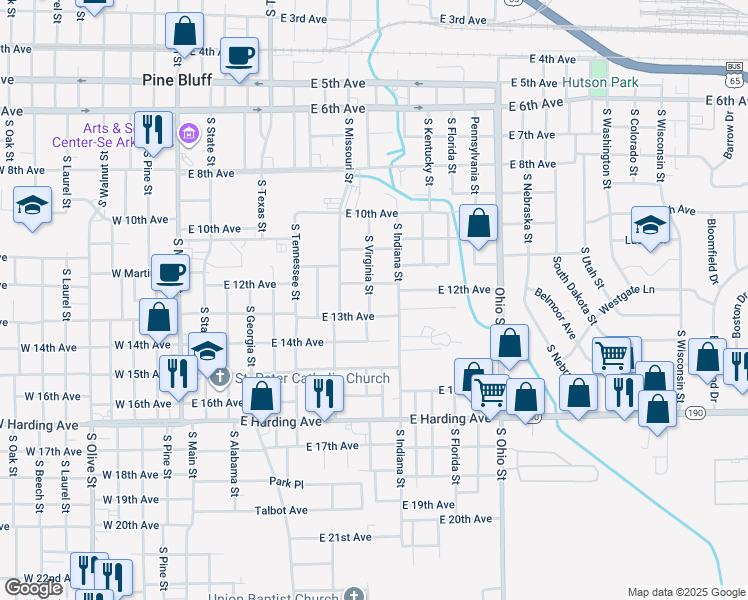 map of restaurants, bars, coffee shops, grocery stores, and more near 1215 South Virginia Street in Pine Bluff
